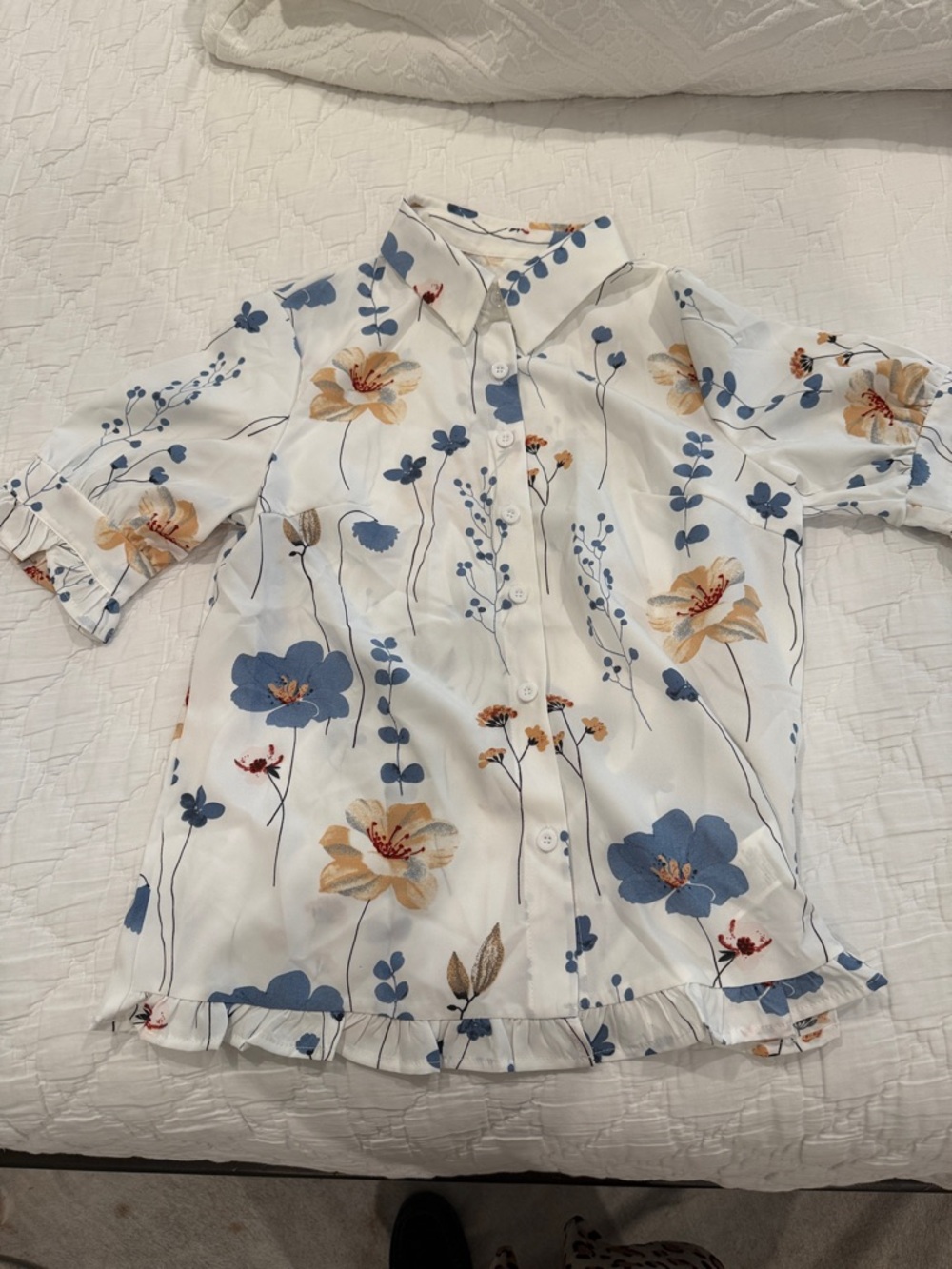 SHEIN White Floral Print shirt with Blue and Brown Accents